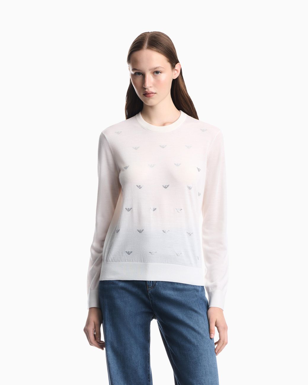 Emporio Armani White Crew-Neck Virgin Wool Pullover With Rhinestone Details