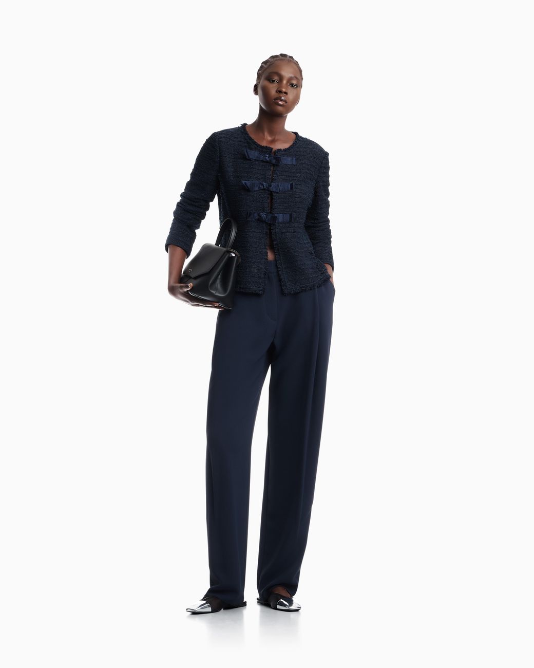 Emporio Armani Blue Unlined Textured Jacket With Ottoman Bows And Round Neckline