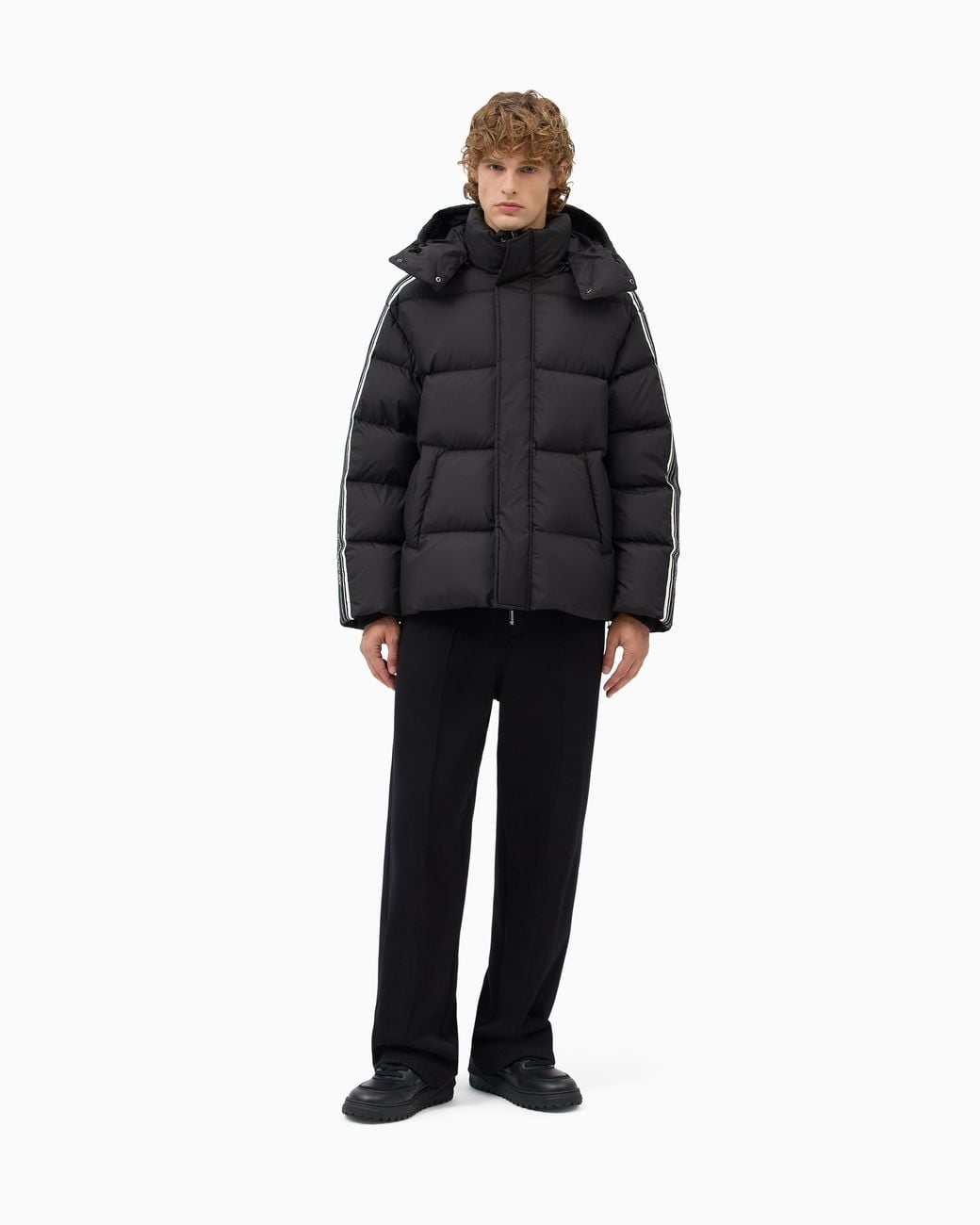 Emporio Armani Black Quilted Down Jacket With Hood And Stripes On Sleeves for men