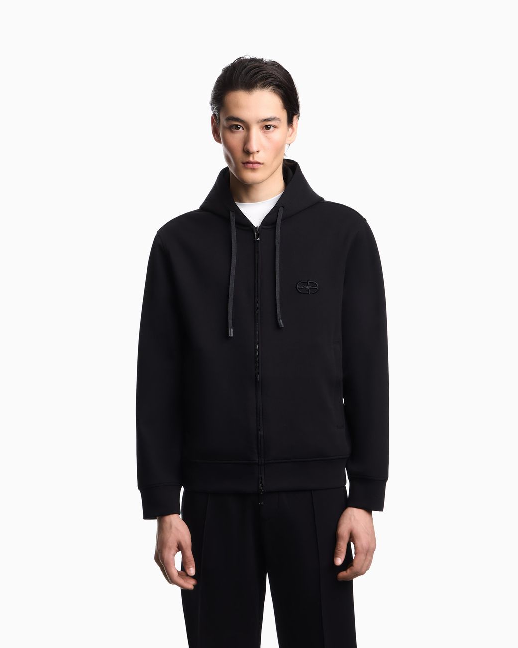 Emporio Armani Black Double Jersey Zip-Up Hooded Sweatshirt With Ea Logo Embroidery for men