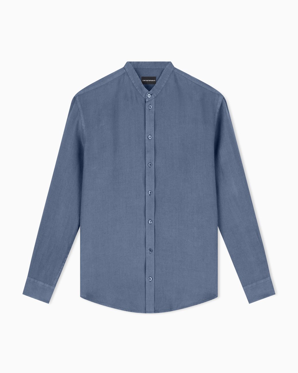 Emporio Armani Blue Garment-Dyed Linen Shirt With Guru Collar for men