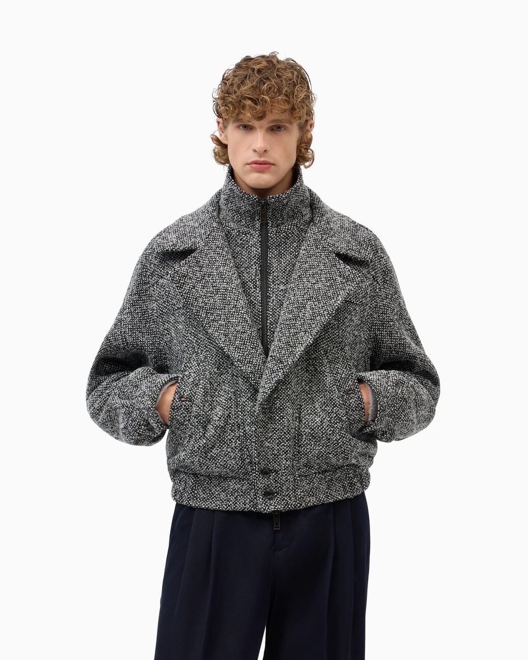 Emporio Armani Gray Herringbone Wool Blend Jacket With A Front Zipper Closure for men