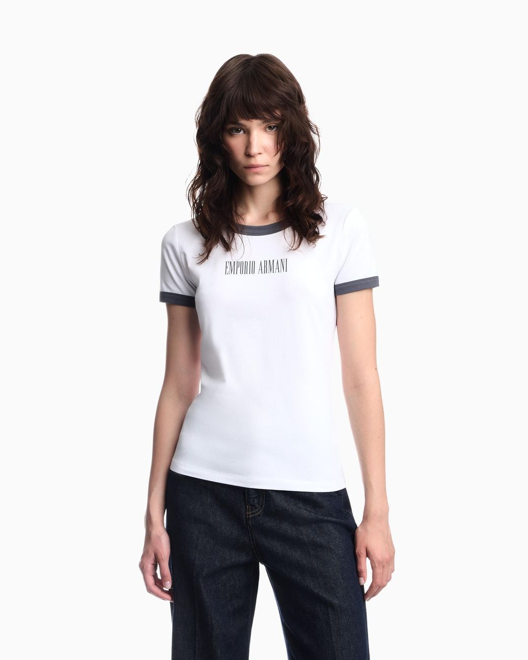 Emporio Armani White Cotton Jersey T-Shirt With Front Logo And Contrasting Trim