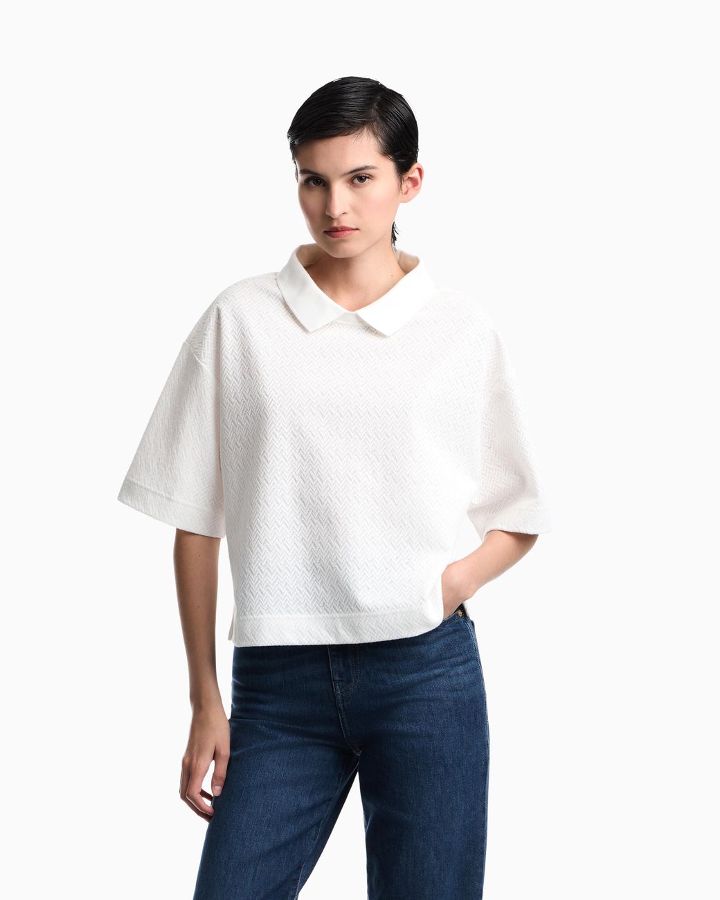 Emporio Armani White Short-Sleeve Shirt With Double Collar And Chevron Pattern