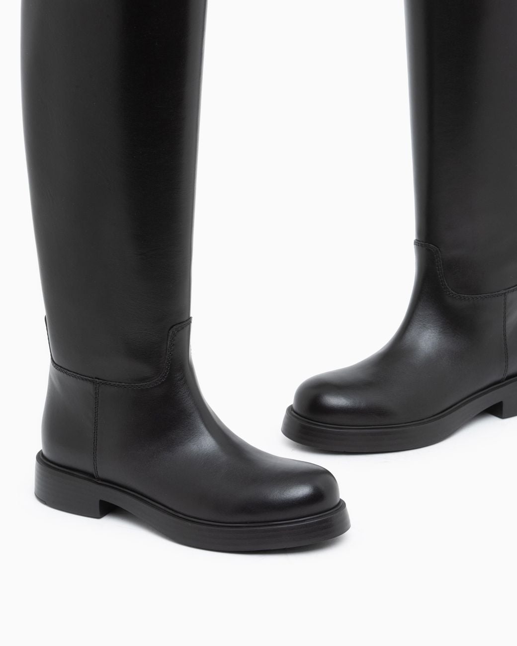 Emporio Armani Black Leather Knee-High Boots With A Round Toe And Low Heel