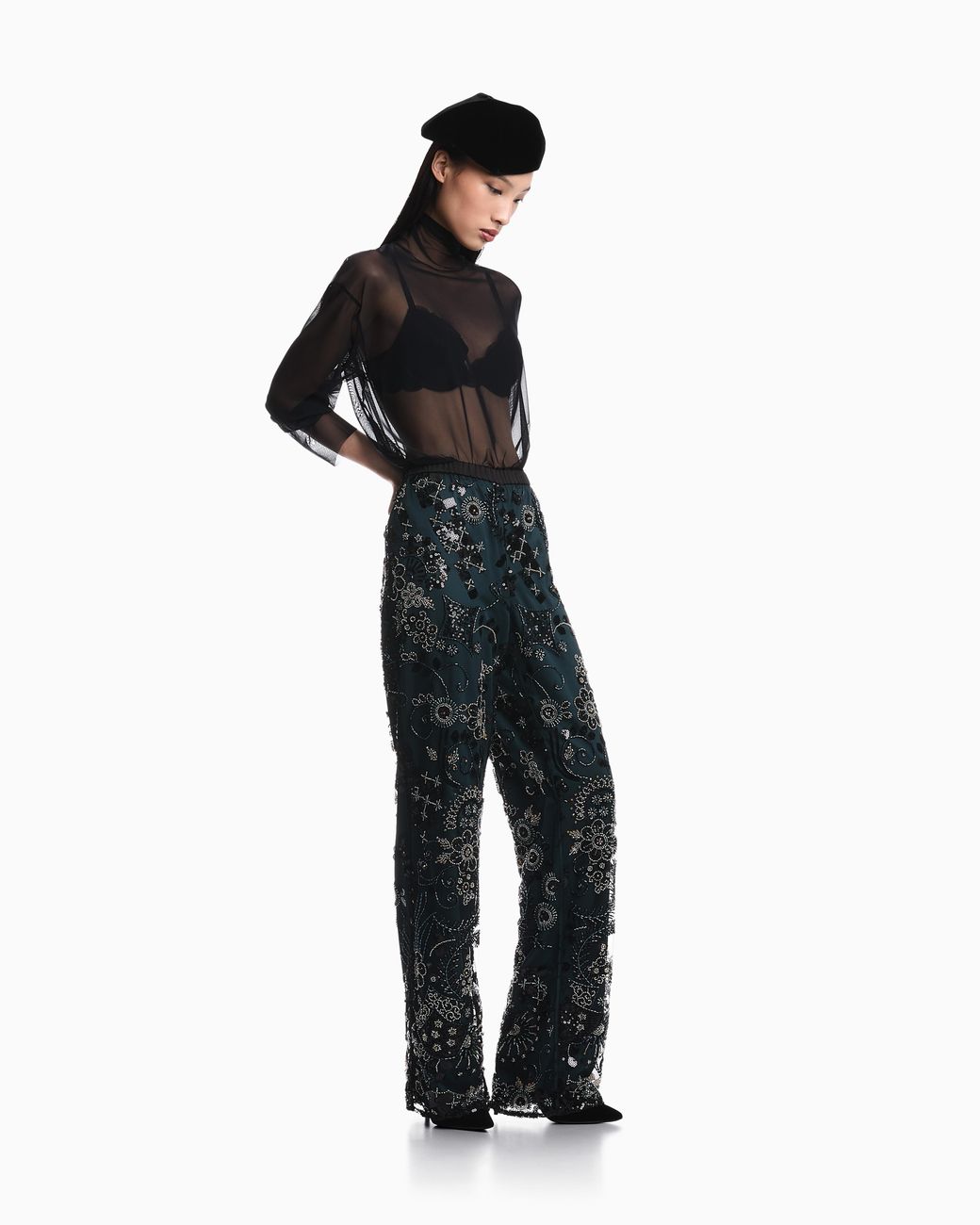 Emporio Armani Blue Wide-Leg Tulle Trousers With Beaded Floral Embroidery