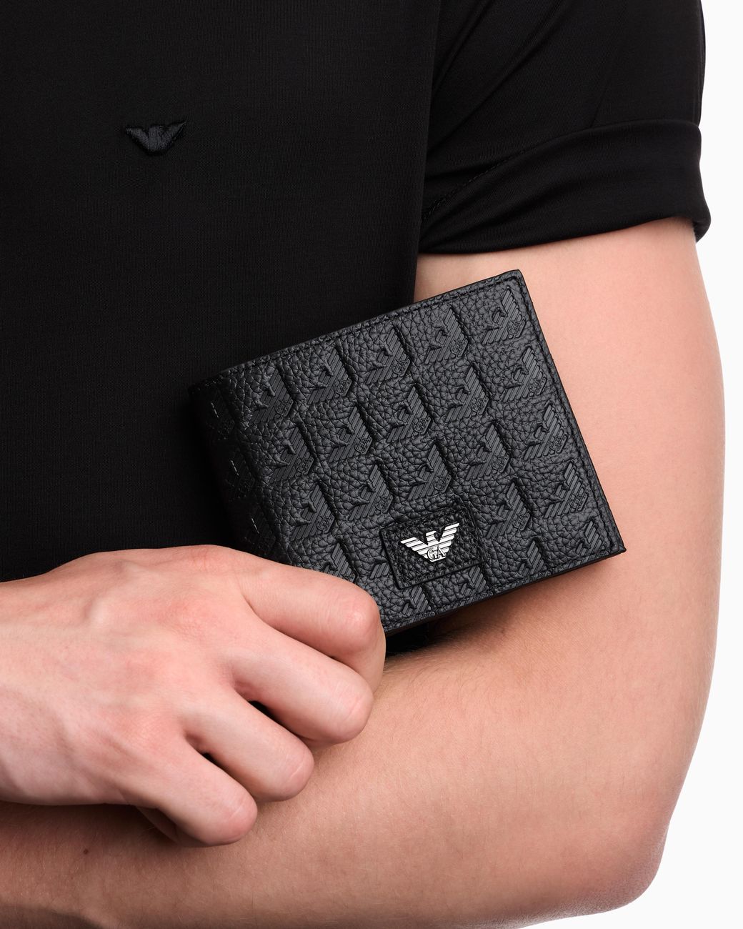 Emporio Armani Black Leather Coin-Pocket Wallet With All-Over Embossed Eagle for men
