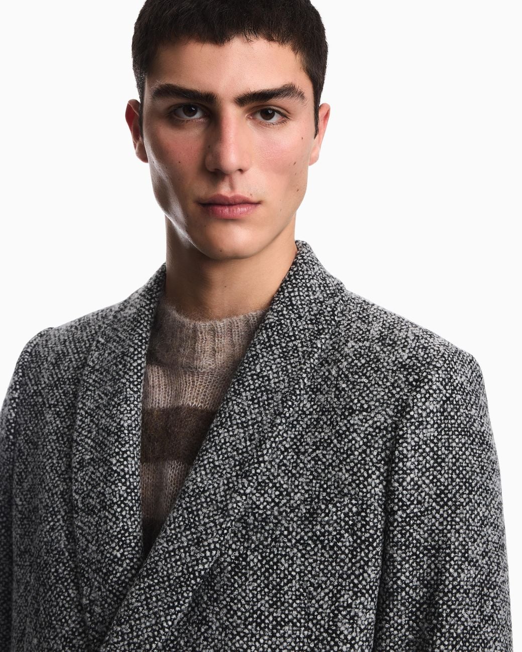 Emporio Armani Gray Herringbone Wool Blend Overcoat With Notched Lapels for men