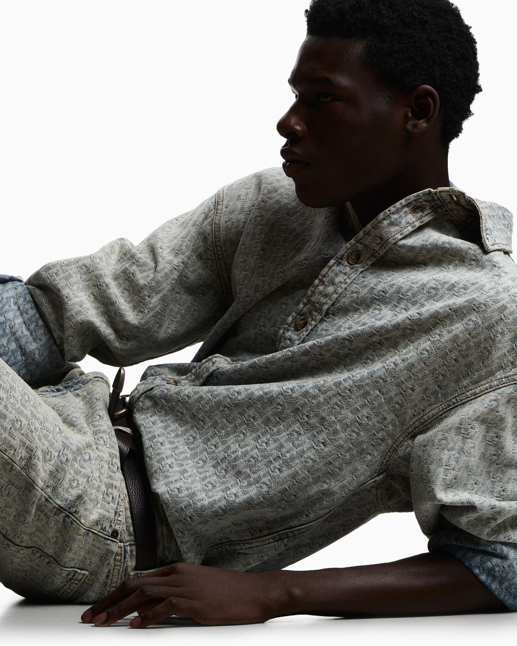 Emporio Armani Gray Denim Shirt With An All-Over Jacquard Monogram Pattern for men