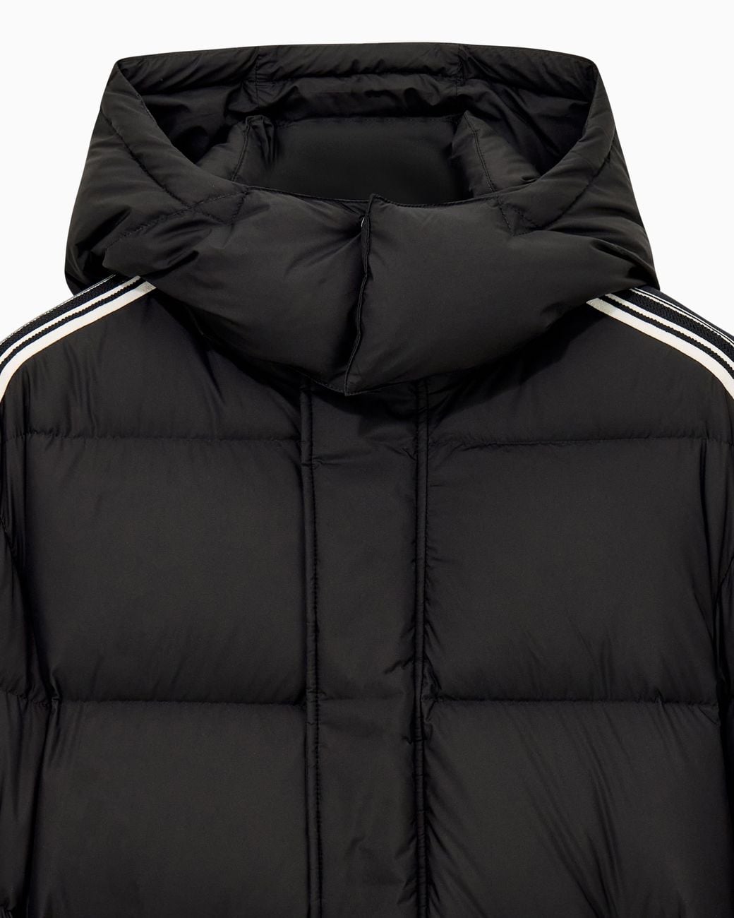Emporio Armani Black Quilted Down Jacket With Hood And Stripes On Sleeves for men