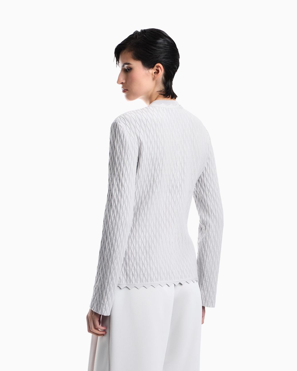 Emporio Armani White Double Ottoman Blazer With Wavy Texture And Scalloped Edges