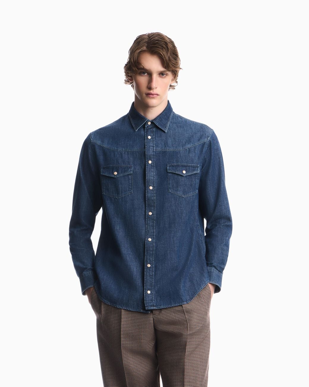 Emporio Armani Blue Cotton Denim Shirt With Pointed Collar And Buttoned Pockets for men
