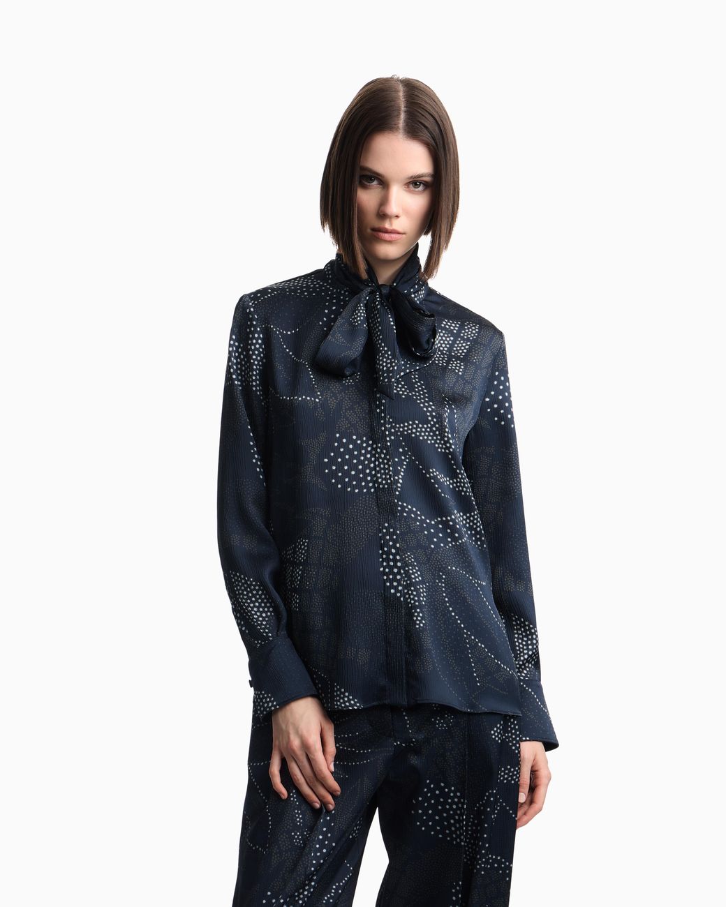 Emporio Armani Blue Creponne Shirt With Dotted Floral Print And A Neck Tie