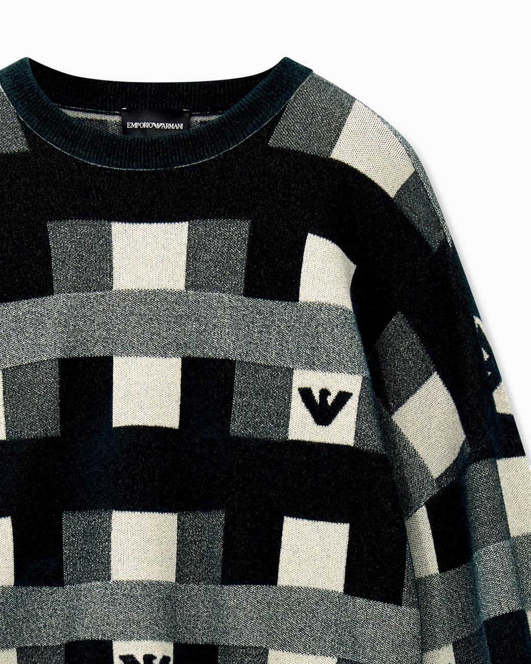 Emporio Armani Black Crew Neck Pullover With Checkered Inlay Graphic And Logo