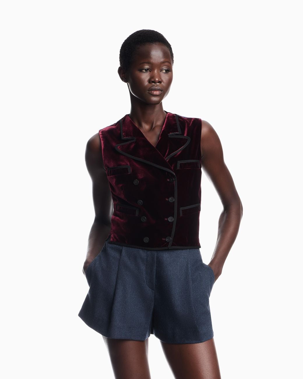 Emporio Armani Black Double-Breasted Waistcoat With Liquid Velvet And Striped Lining