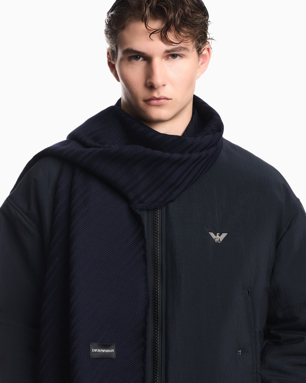 Emporio Armani Blue Virgin Wool Scarf With Herringbone Pattern And Fringe for men