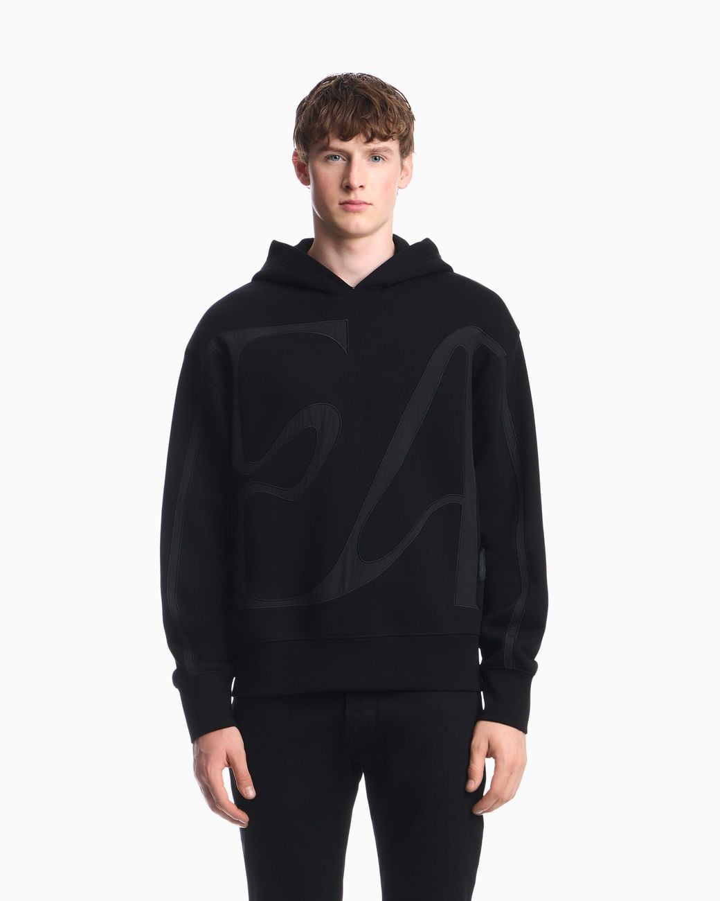 Emporio Armani Black French Terry Jersey Hoodie With Oversized Ea Embroidery for men