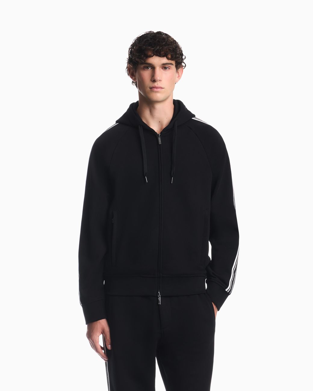 Emporio Armani Blue Hooded Zip Sweatshirt With French Terry Jersey Stripes for men