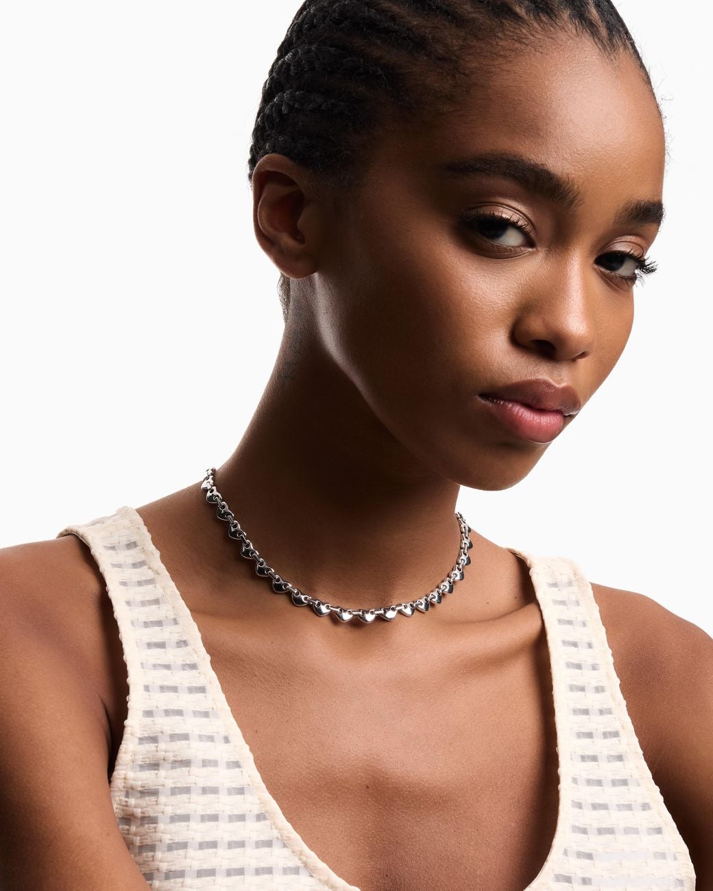 Emporio Armani White Tone Brass Heart Chain Necklace