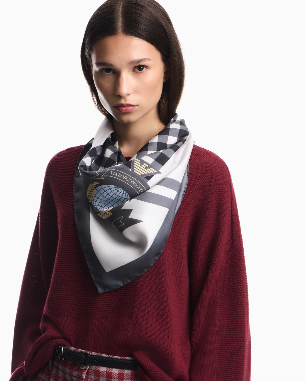 Emporio Armani White Silk Foulard With A Checkered Pattern And A Globe Motif