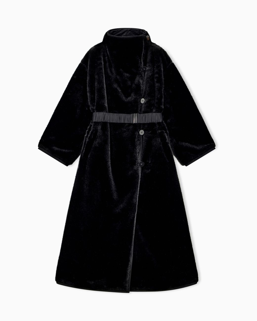 Emporio Armani Black Faux Fur Down Coat With High Collar And Waist Belt