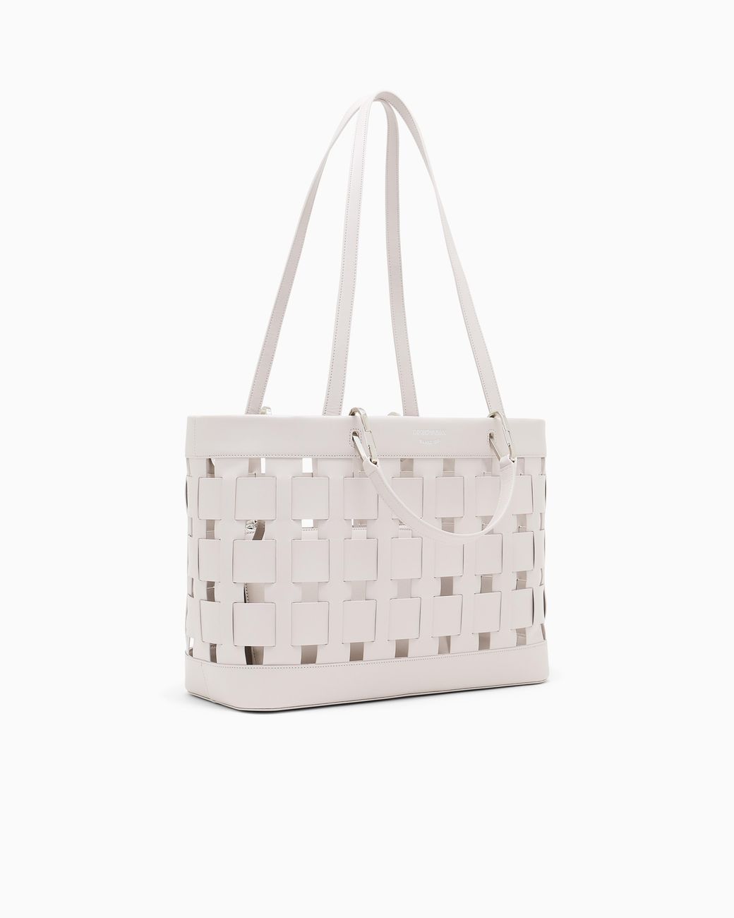 Emporio Armani White Tote Bag With Woven Design Double Handles And Pouch