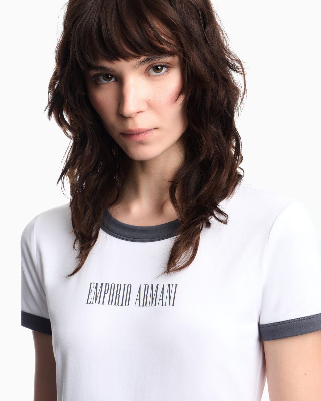 Emporio Armani White Cotton Jersey T-Shirt With Front Logo And Contrasting Trim