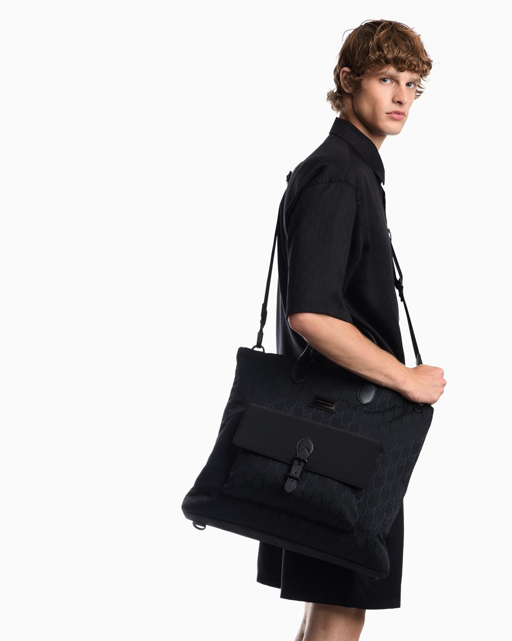Emporio Armani Black Tote Bag With Monogram Pattern And Bonded Leather Handles for men