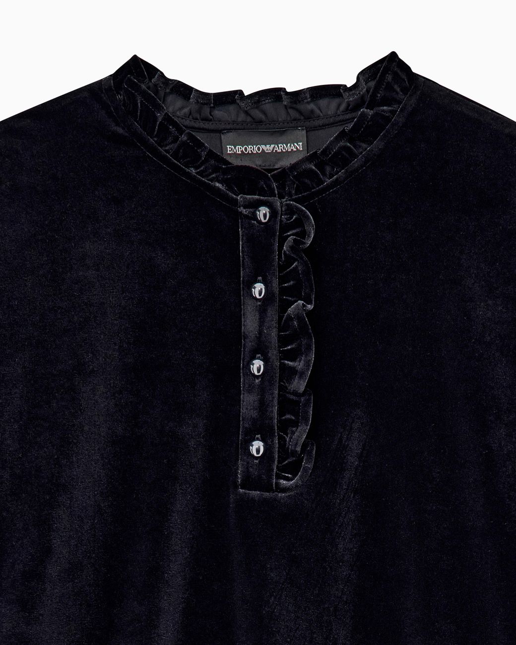 Emporio Armani Blue Chenille Jumper With Ruffled Neckline And Button Placket