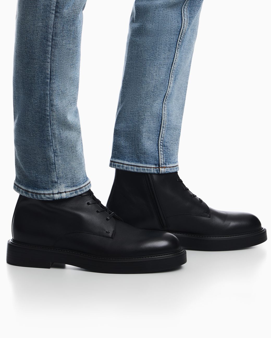 Emporio Armani Black Smooth Leather Lace-Up Combat Boots With Side Zipper for men