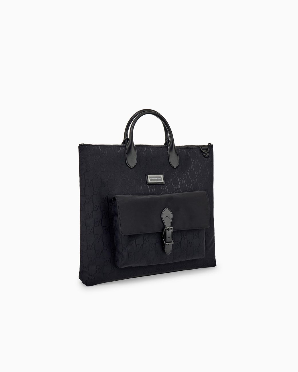 Emporio Armani Black Tote Bag With Monogram Pattern And Bonded Leather Handles for men