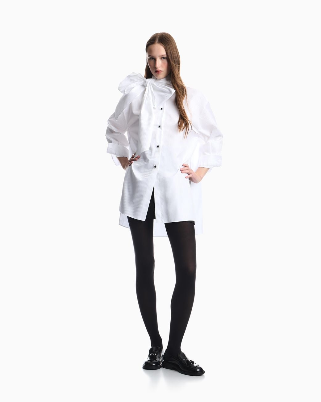 Emporio Armani White Oversized Striped Shirt With Bow
