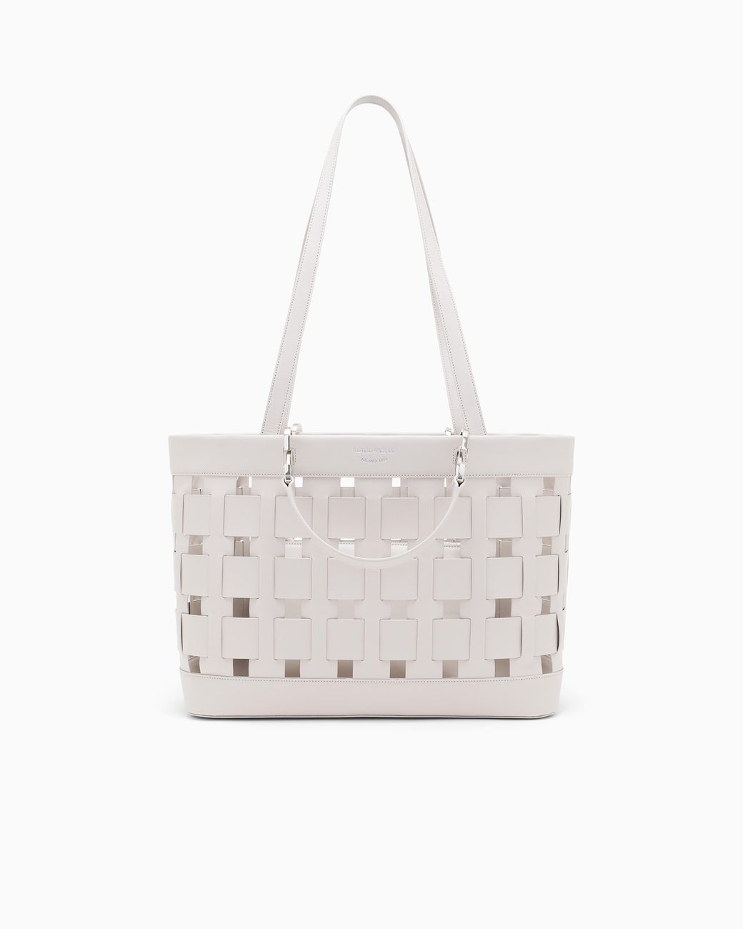 Emporio Armani White Tote Bag With Woven Design Double Handles And Pouch