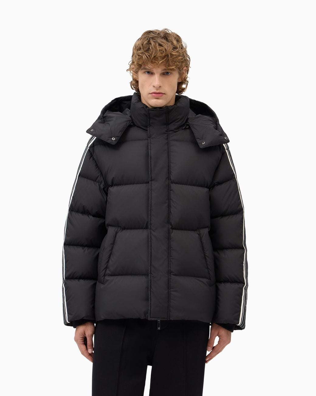 Emporio Armani Black Quilted Down Jacket With Hood And Stripes On Sleeves for men