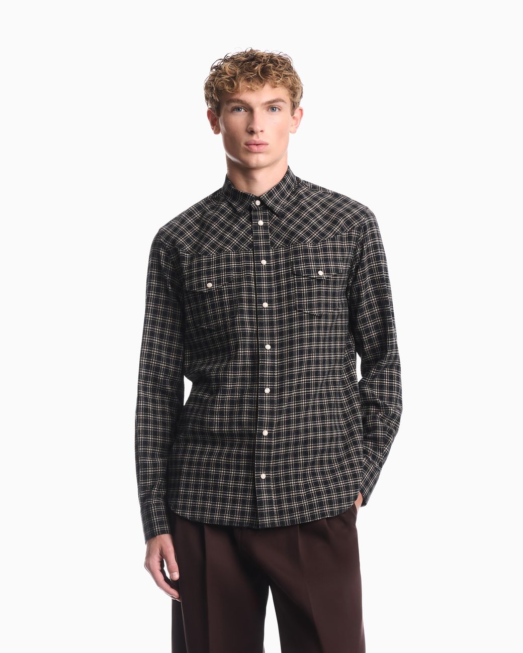 Emporio Armani Gray Long Sleeve Check Flannel Shirt With Two Chest Pockets for men