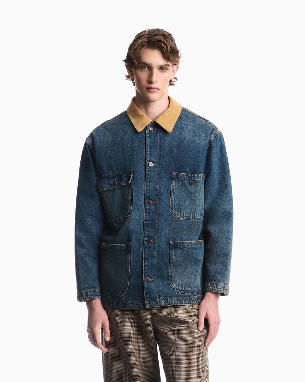 Emporio Armani Blue Cotton Denim Jacket With Corduroy Collar And Patch Pockets for men