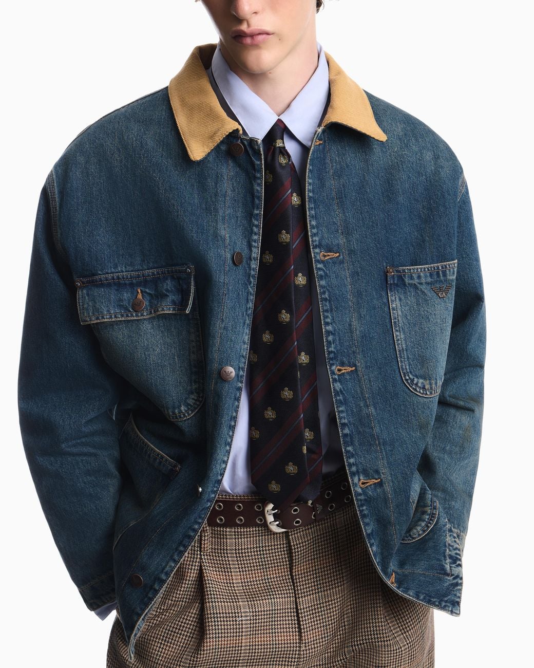 Emporio Armani Blue Cotton Denim Jacket With Corduroy Collar And Patch Pockets for men