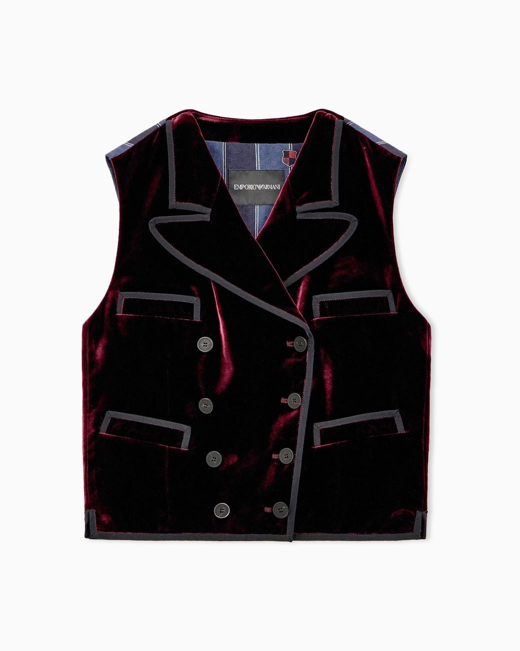 Emporio Armani Black Double-Breasted Waistcoat With Liquid Velvet And Striped Lining