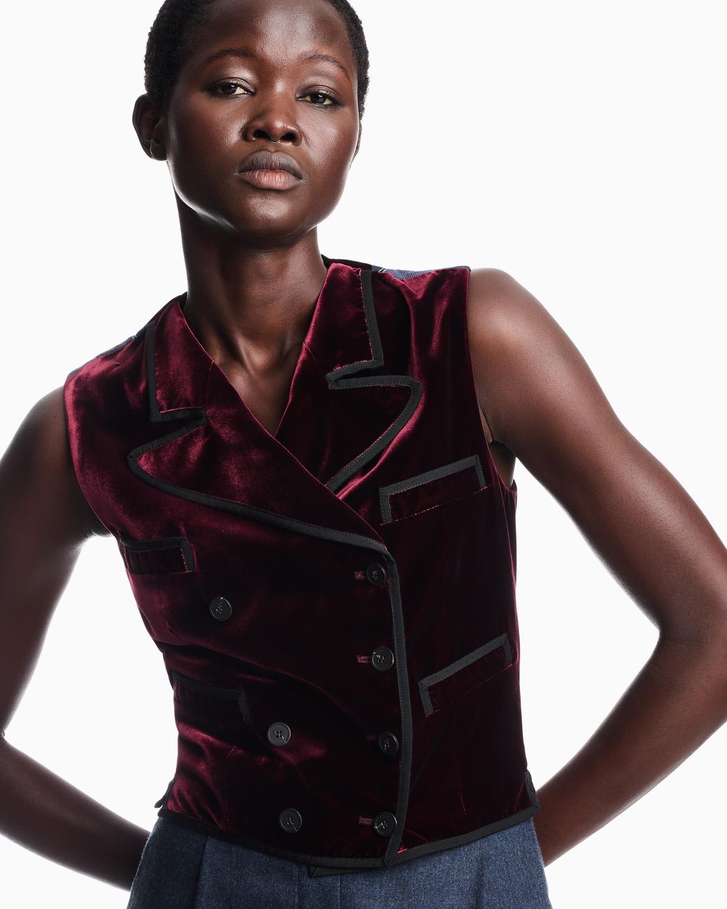 Emporio Armani Black Double-Breasted Waistcoat With Liquid Velvet And Striped Lining