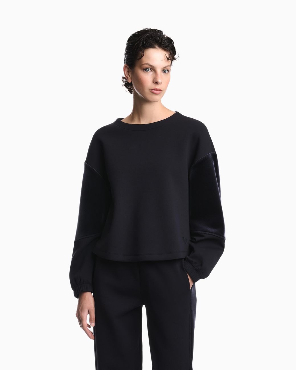 Emporio Armani Blue Double Jersey Sweatshirt With Chenille Tape Travel Essential