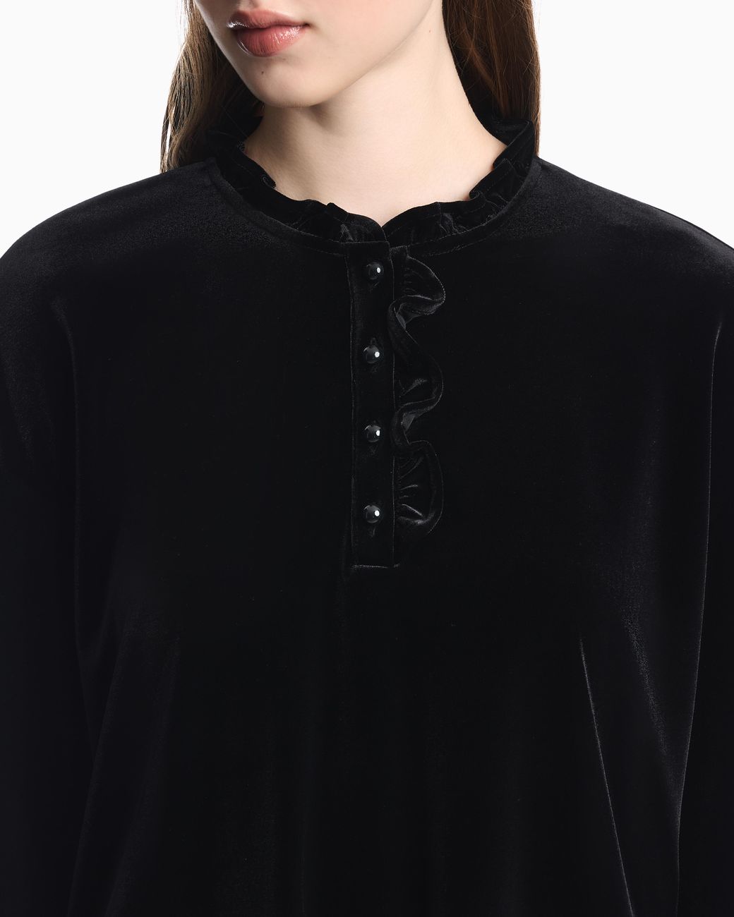 Emporio Armani Blue Chenille Jumper With Ruffled Neckline And Button Placket