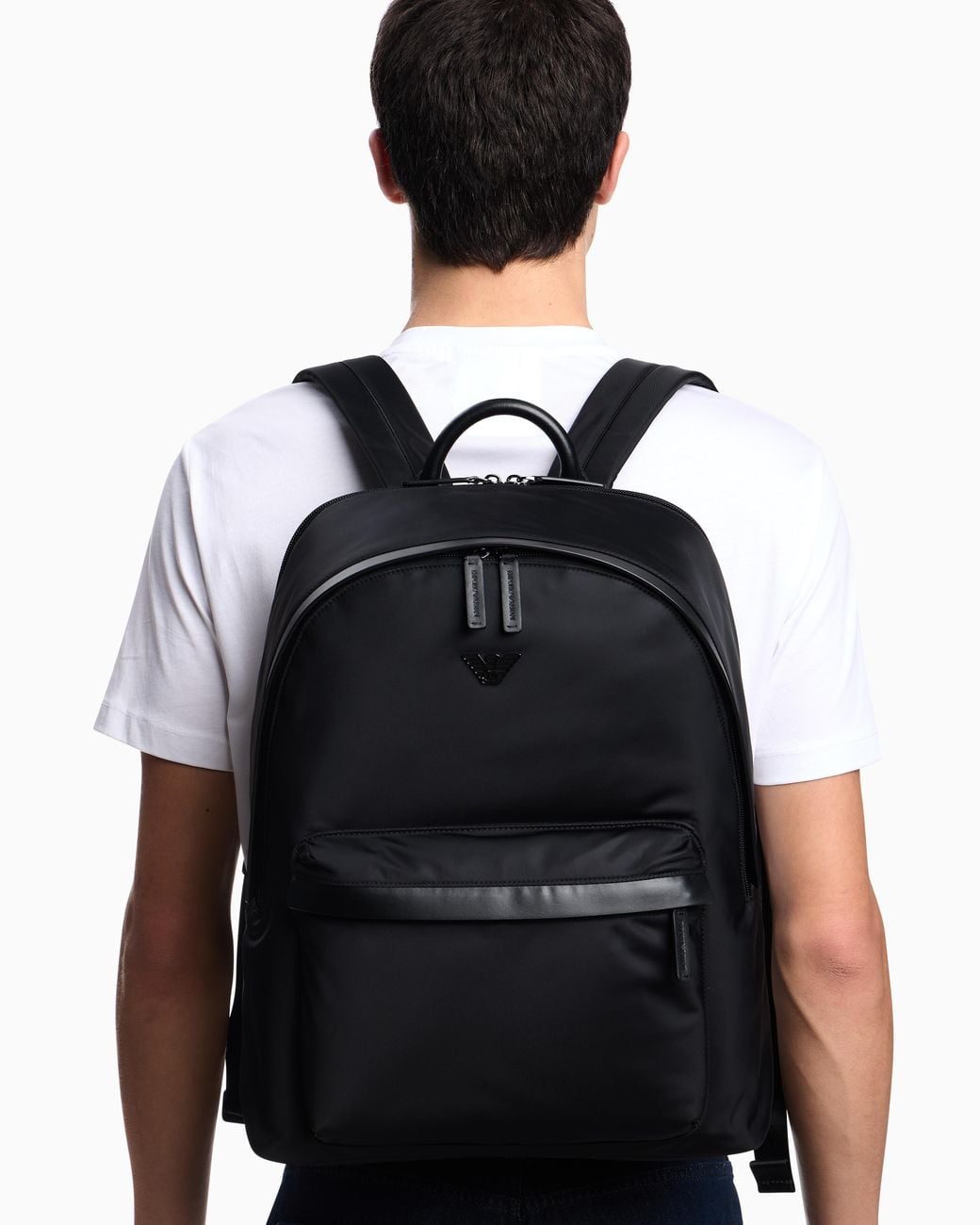 Emporio Armani Black Recycled Nylon Backpack With Zip And Leather Details for men