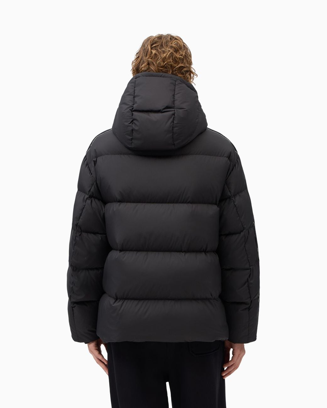 Emporio Armani Black Quilted Down Jacket With Hood And Stripes On Sleeves for men