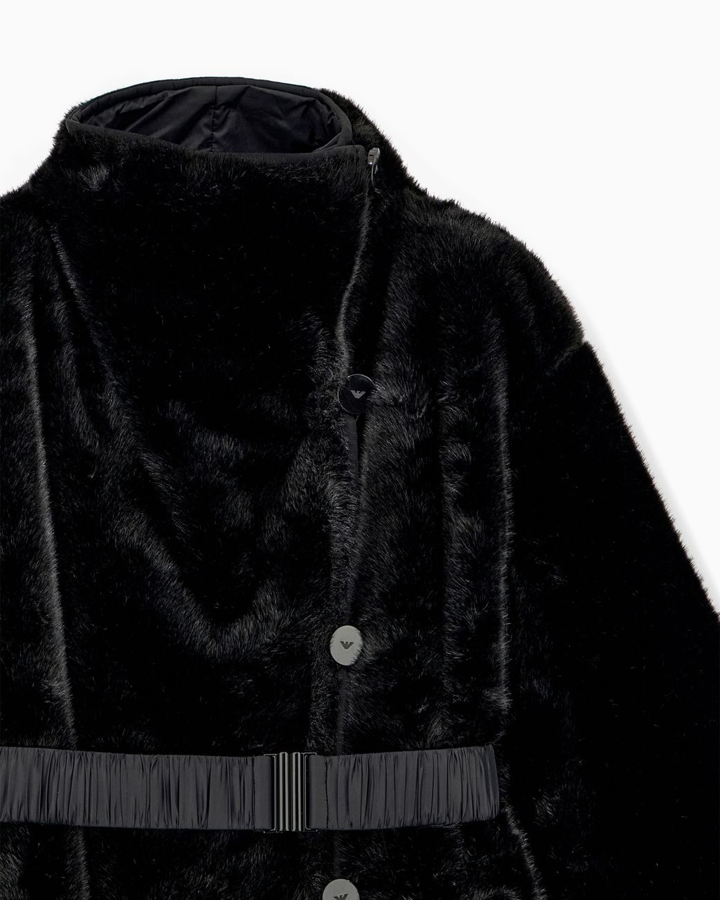 Emporio Armani Black Faux Fur Down Coat With High Collar And Waist Belt