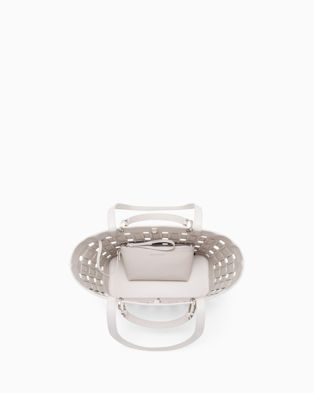 Emporio Armani White Tote Bag With Woven Design Double Handles And Pouch