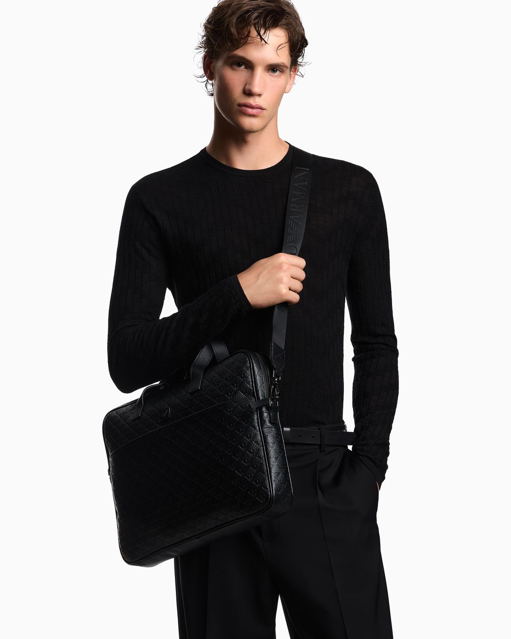 Bolso Business De Piel Con Motivo Integral De Águila En Relieve Emporio Armani de hombre de color Black