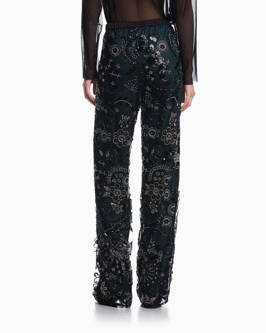 Emporio Armani Blue Wide-Leg Tulle Trousers With Beaded Floral Embroidery