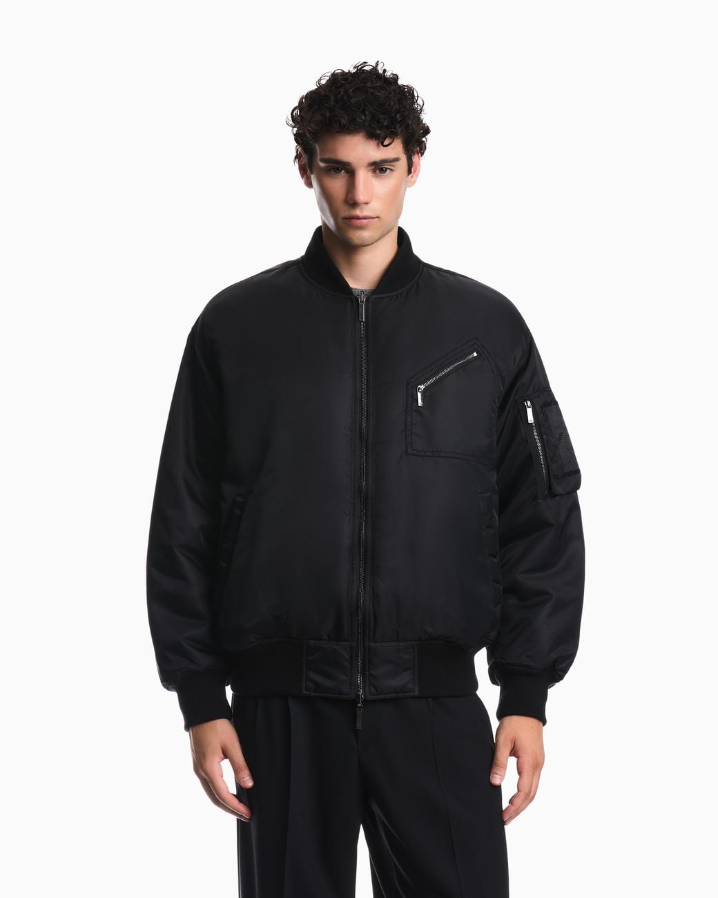 Emporio Armani Black Blouson Jacket With Ribbed Trims And Zippered Sleeve Pocket for men