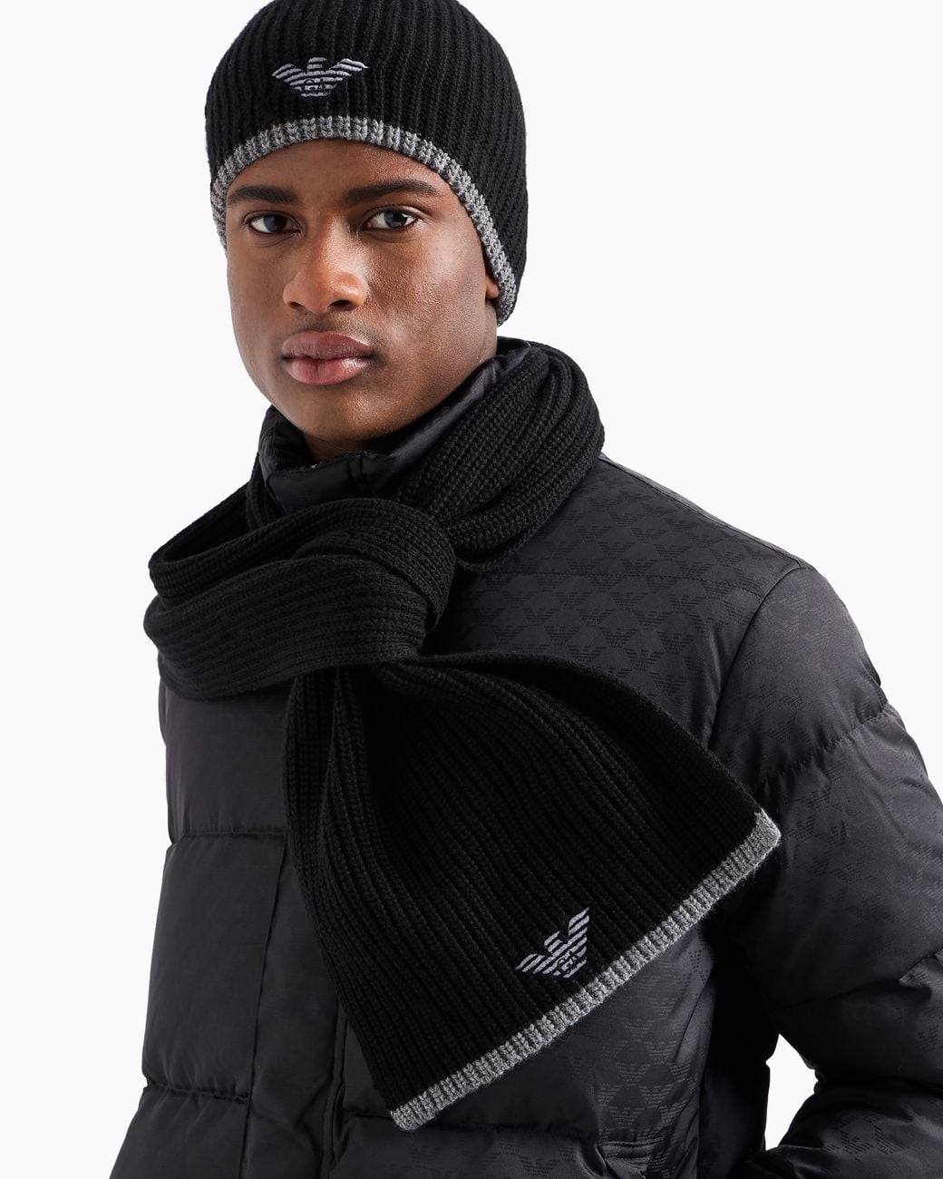 Emporio Armani Black Ribbed Wool Eagle Motif Scarf And Hat Set Essential for men