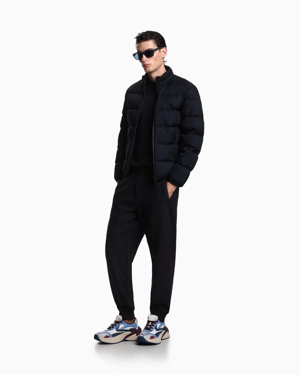 Emporio Armani Blue Water-Repellent, Quilted Nylon Down Jacket With Jacquard Logo Lettering for men